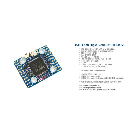Original Matek Systems H743-MINI V3 Flight Controller for Multirotor Racing Long Range STM32H743VIT6 ICM42605 Plastic
